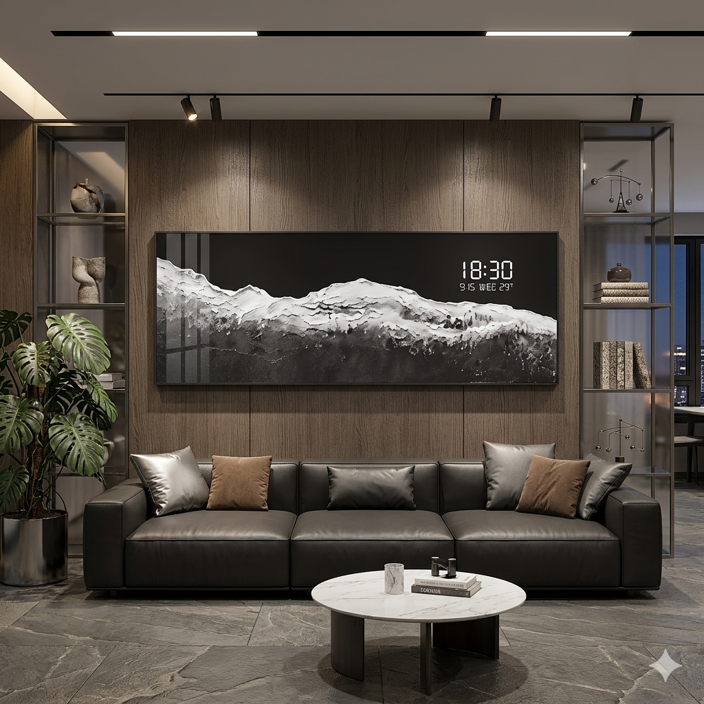 Large horizontal panoramic mountain painting with integrated Modern Luxury Wall Clock Digital .