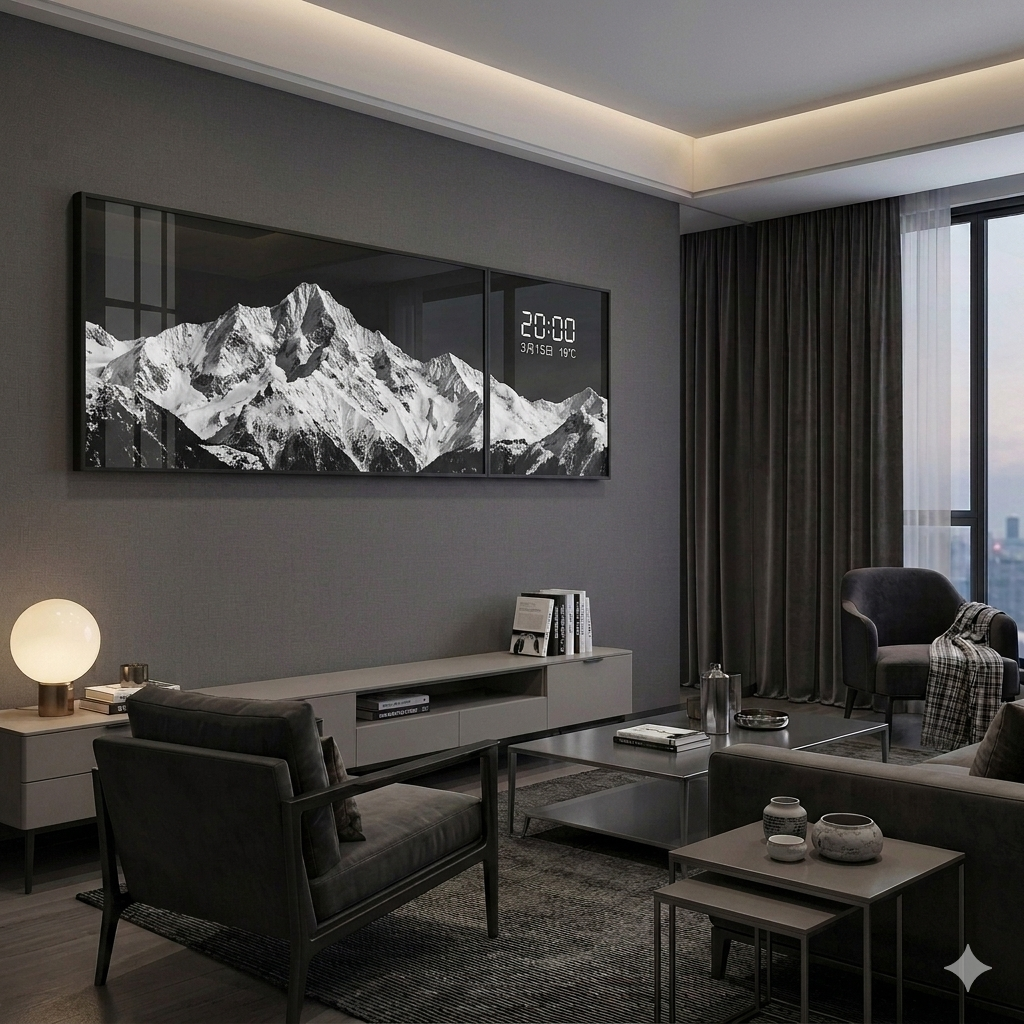 Modern horizontal wall mural featuring a majestic mountain range and a glowing smart LED digital clock.