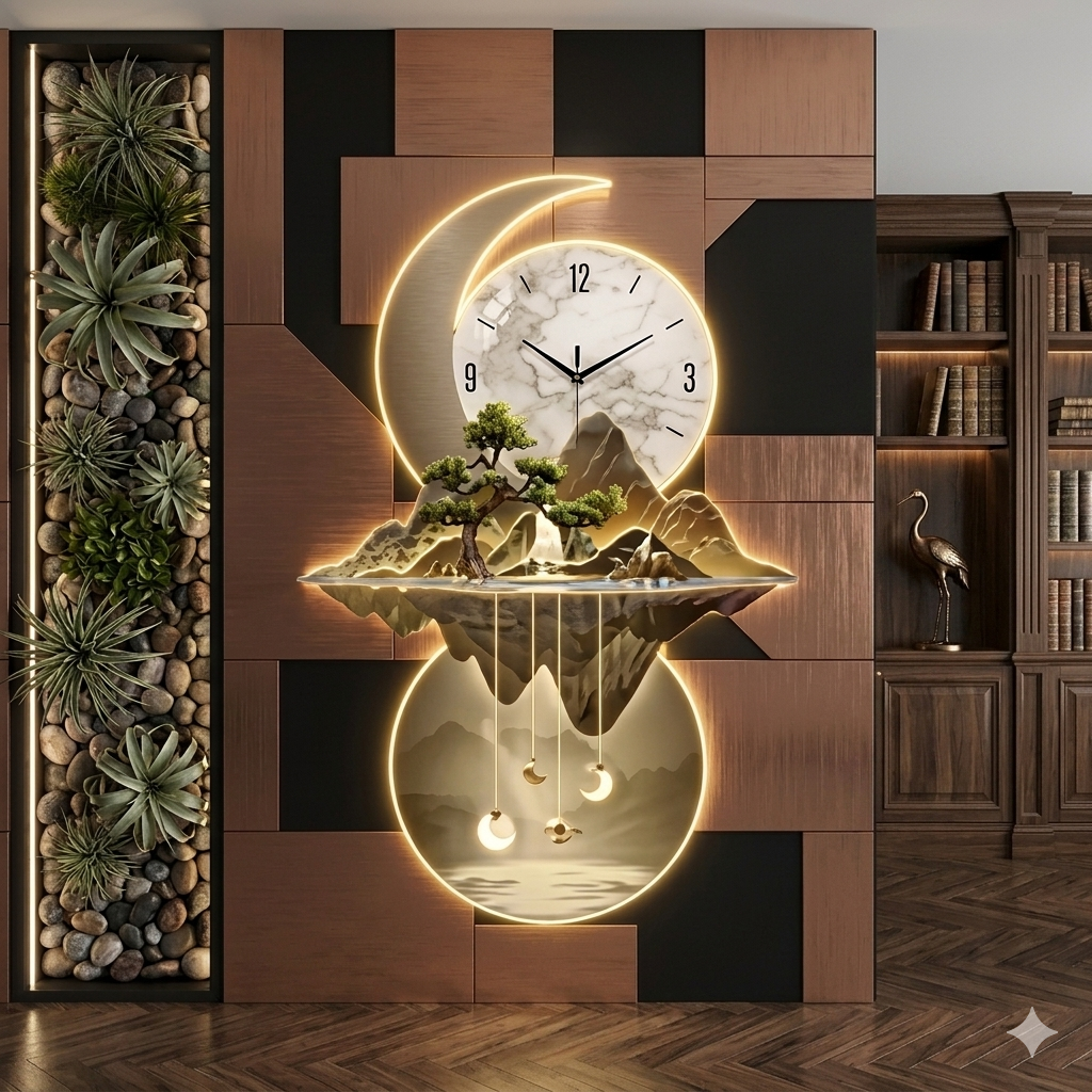Large horizontal black mountain mural with LED clock.
