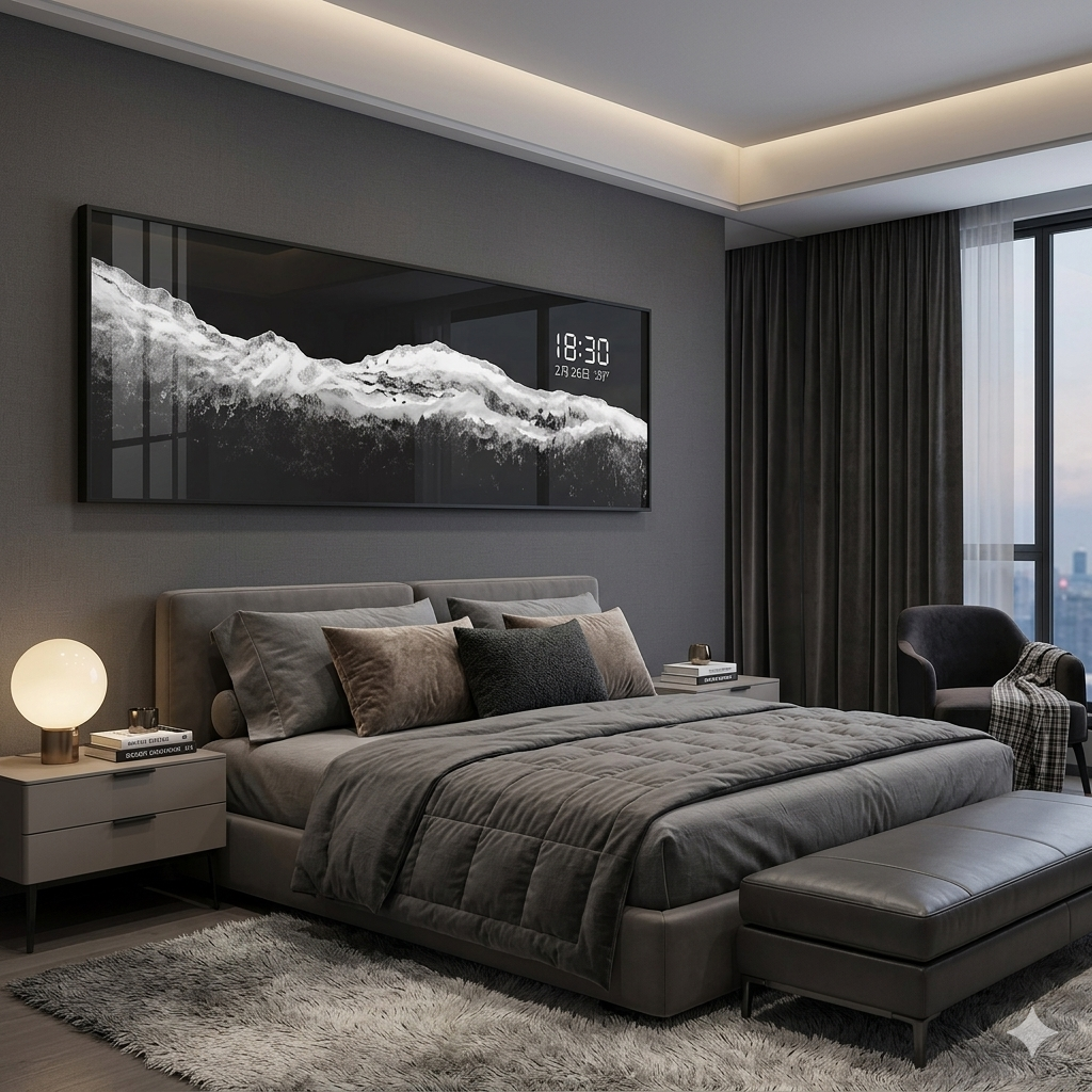 Panoramic black and white snow-capped mountain wall art with a sleek digital time and date display.