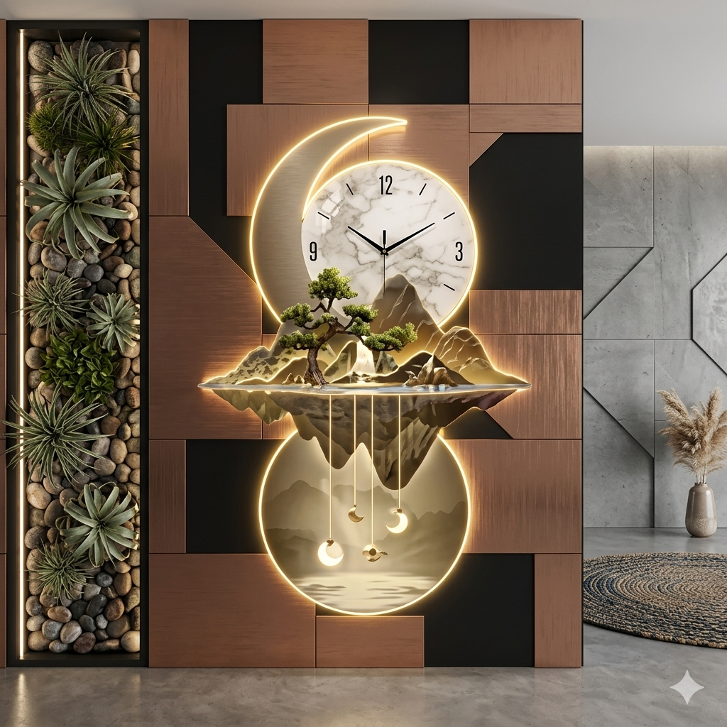 Sleek panoramic mountain art piece with Digital Clock Corridor Wall Lamp time.